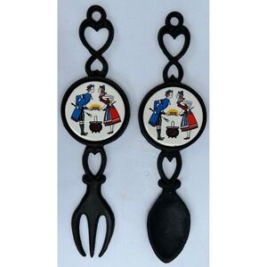 Cast Iron Enesco Fork Spoon with Round Ceramic Tile & Hook Dutch Folk‎ Art VTG